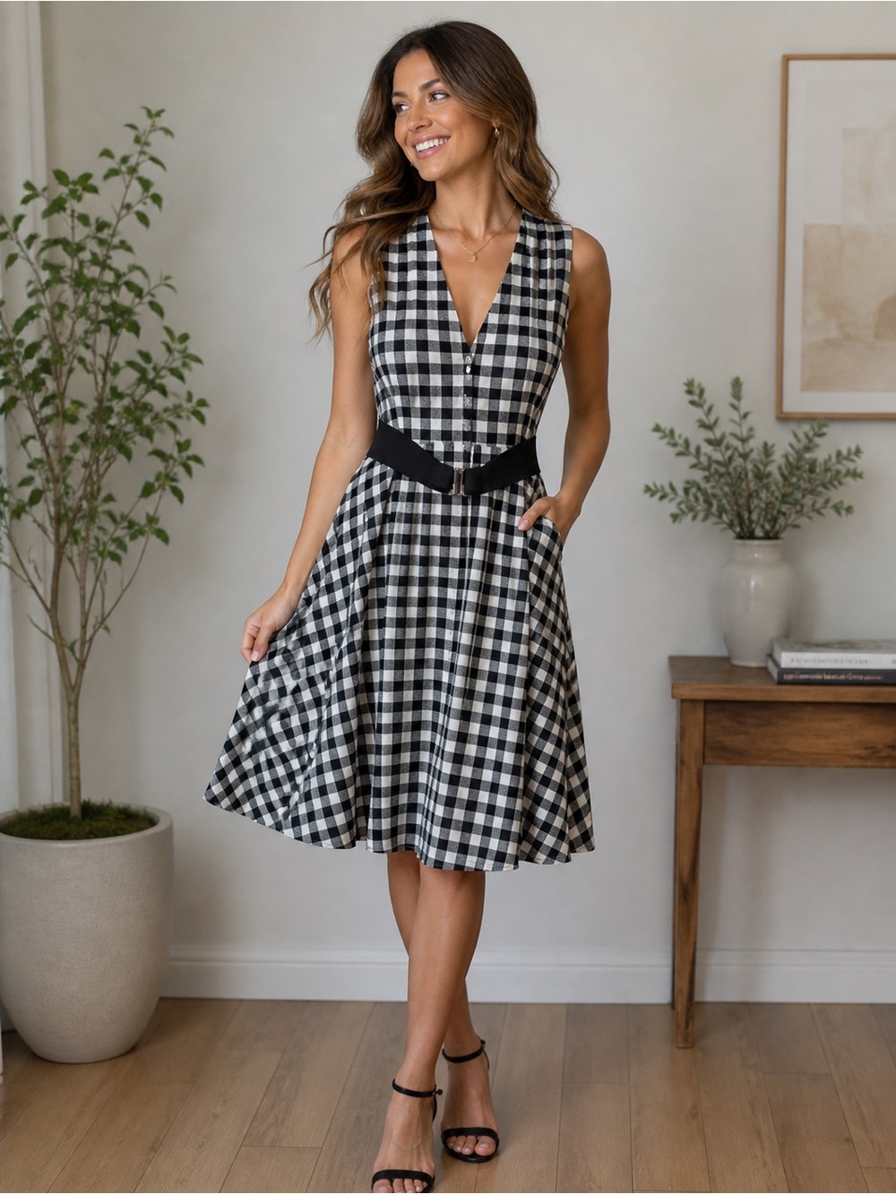 Ann Taylor Black & White Gingham V-Neck Midi Dress